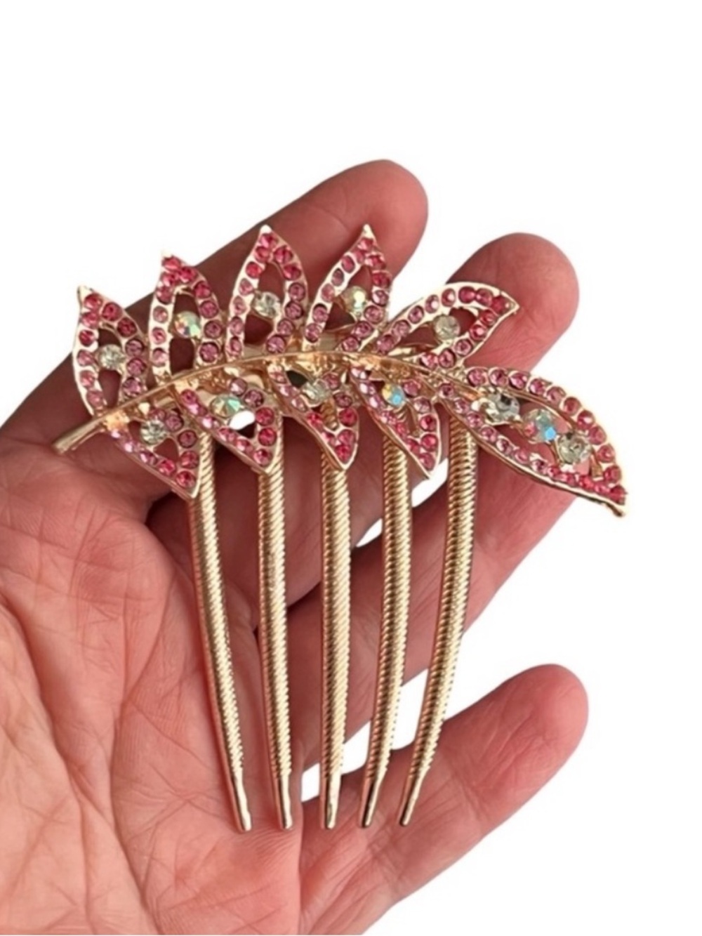 Gold Leaf Rhinestone Hair Comb - Pink Crystal Accent FINAL PRICE DROP